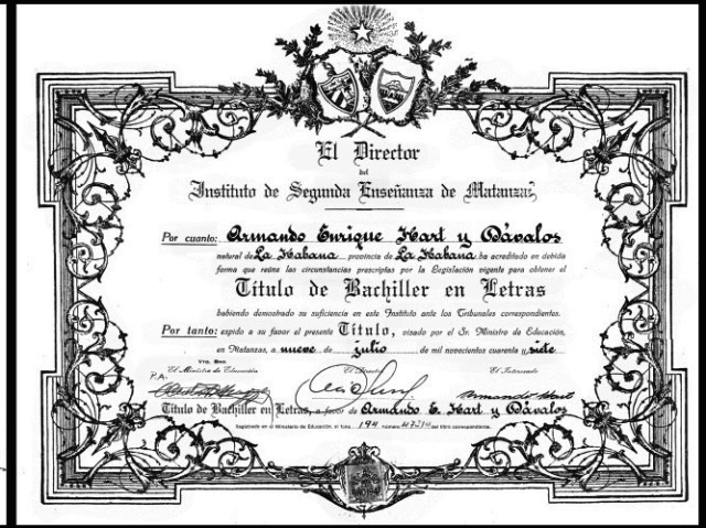 Foto de Diploma de bachiller en letras otorgado por el Instituto de Segunda Enseñanza de Matanzas